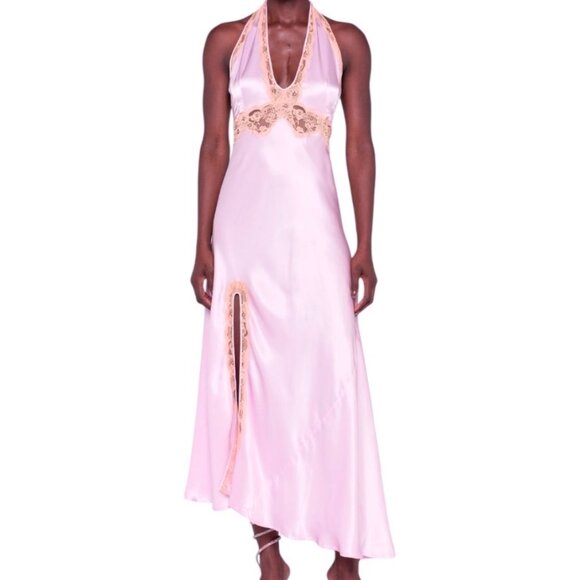 De La Vali Silk Flora Halter Dress Slip Dress NWT- $495-Size XS Pink Silk Dress - Picture 1 of 8